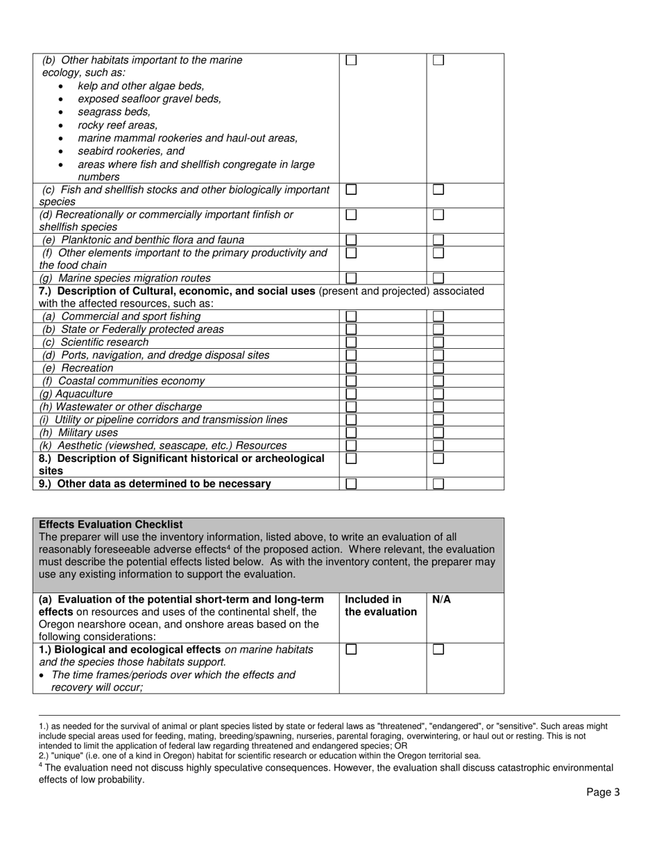 Part 5 Oregon Territorial Sea Plan - Resource Inventory Checklist and Effects Evaluation Checklist for Proposed Ocean Renewable Energy Projects in Oregons Territorial Sea - Oregon, Page 3