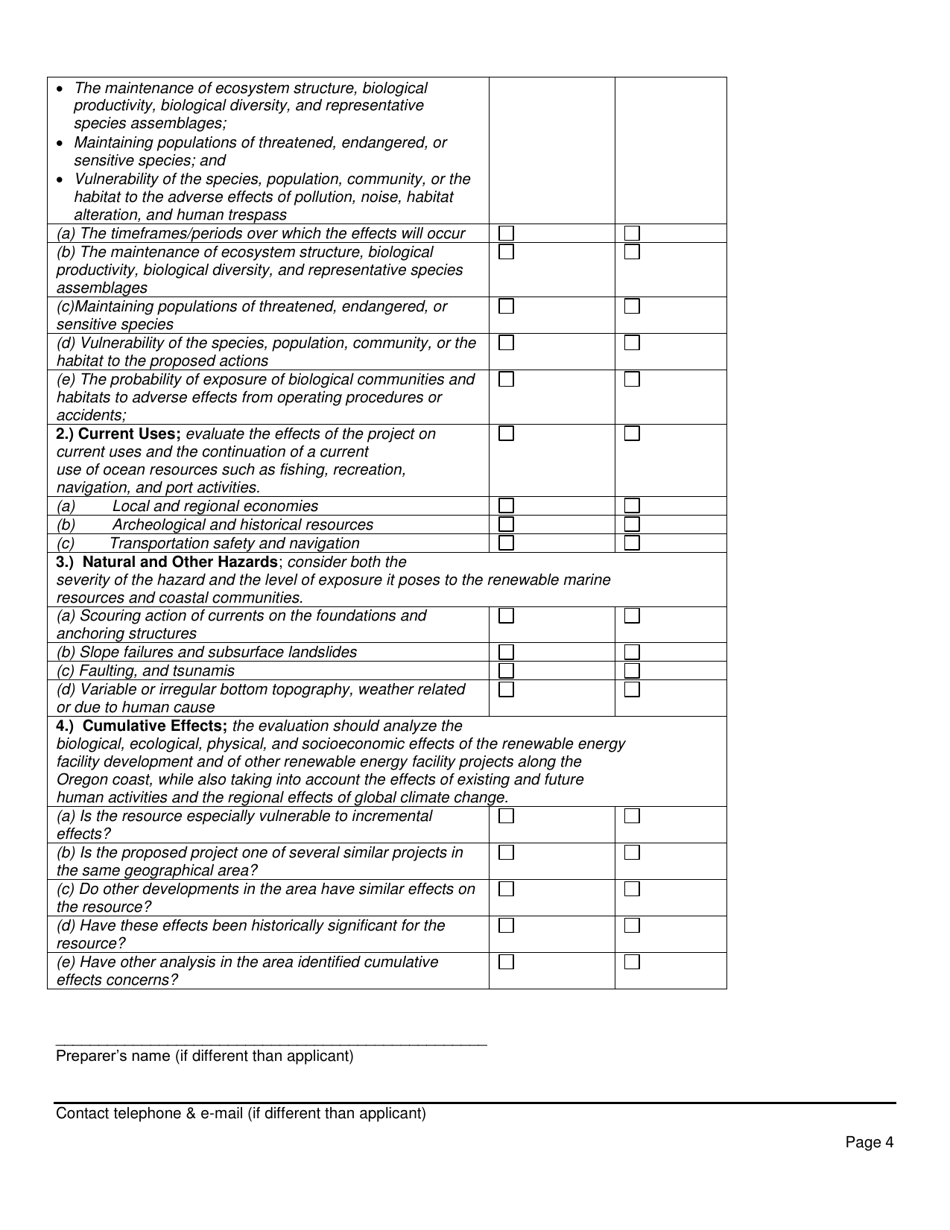 Part 5 Oregon Territorial Sea Plan - Resource Inventory Checklist and Effects Evaluation Checklist for Proposed Ocean Renewable Energy Projects in Oregons Territorial Sea - Oregon, Page 4
