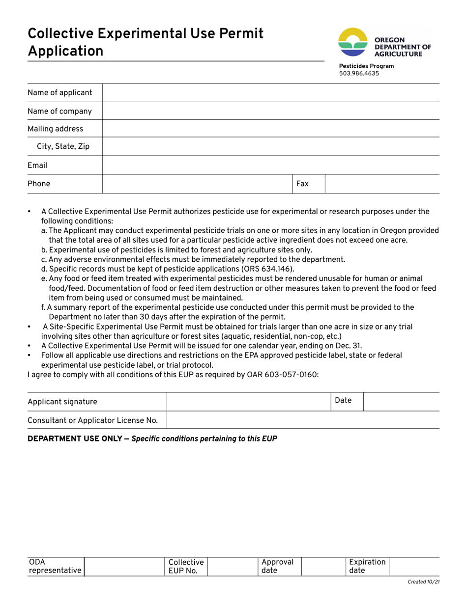 Collective Experimental Use Permit Application - Oregon, Page 1