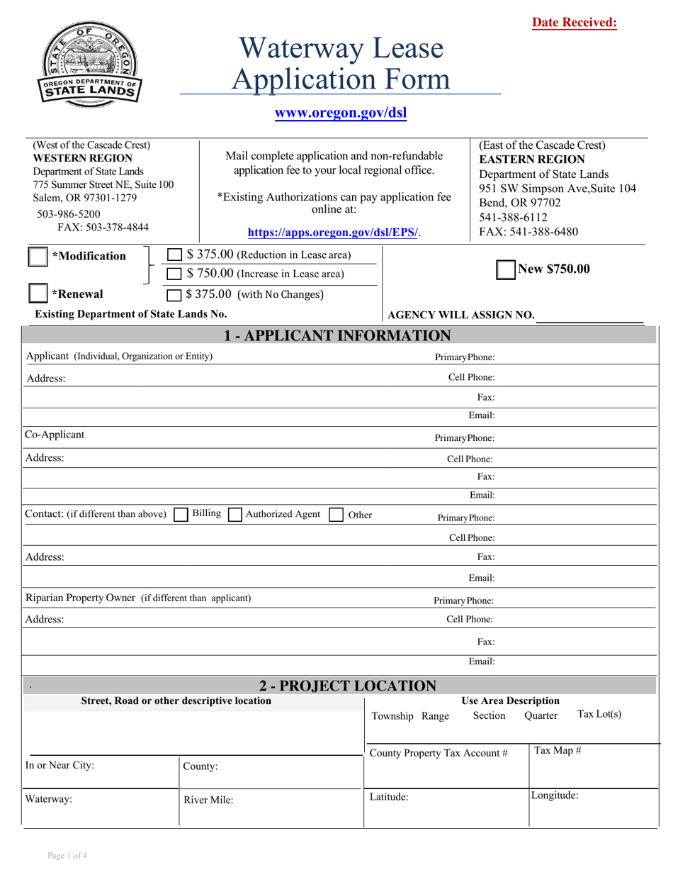 Waterway Lease Application Form - Oregon, Page 1