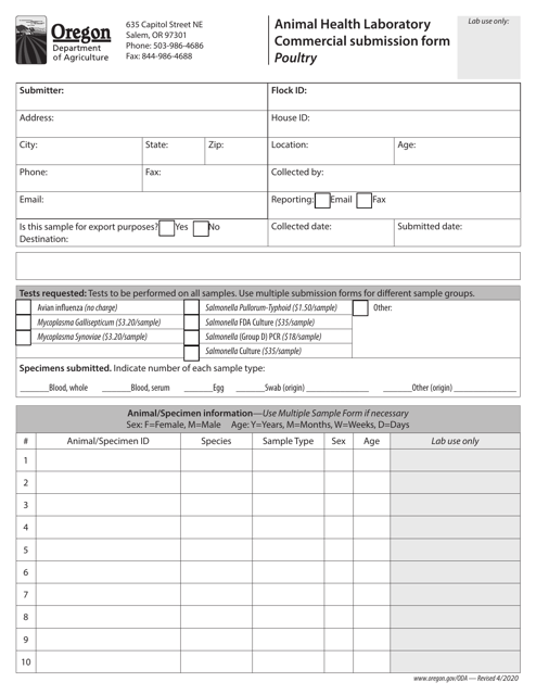 Animal Health Laboratory Commercial Submission Form - Poultry - Oregon Download Pdf