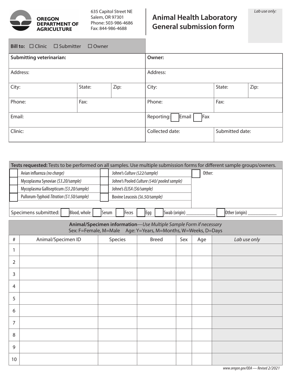 Oregon Animal Health Laboratory General Submission Form - Fill Out ...