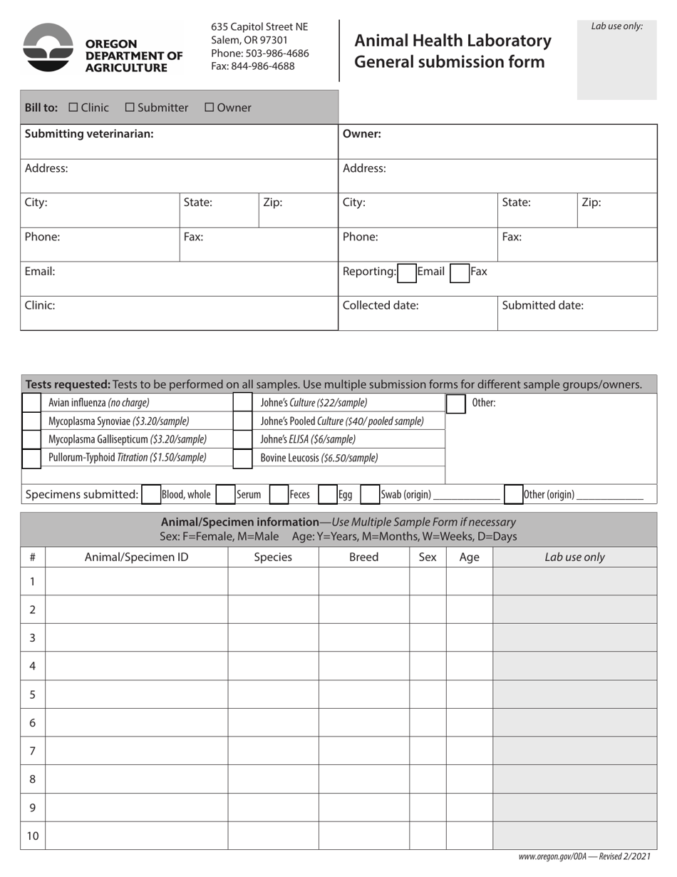 Animal Health Laboratory General Submission Form - Oregon, Page 1