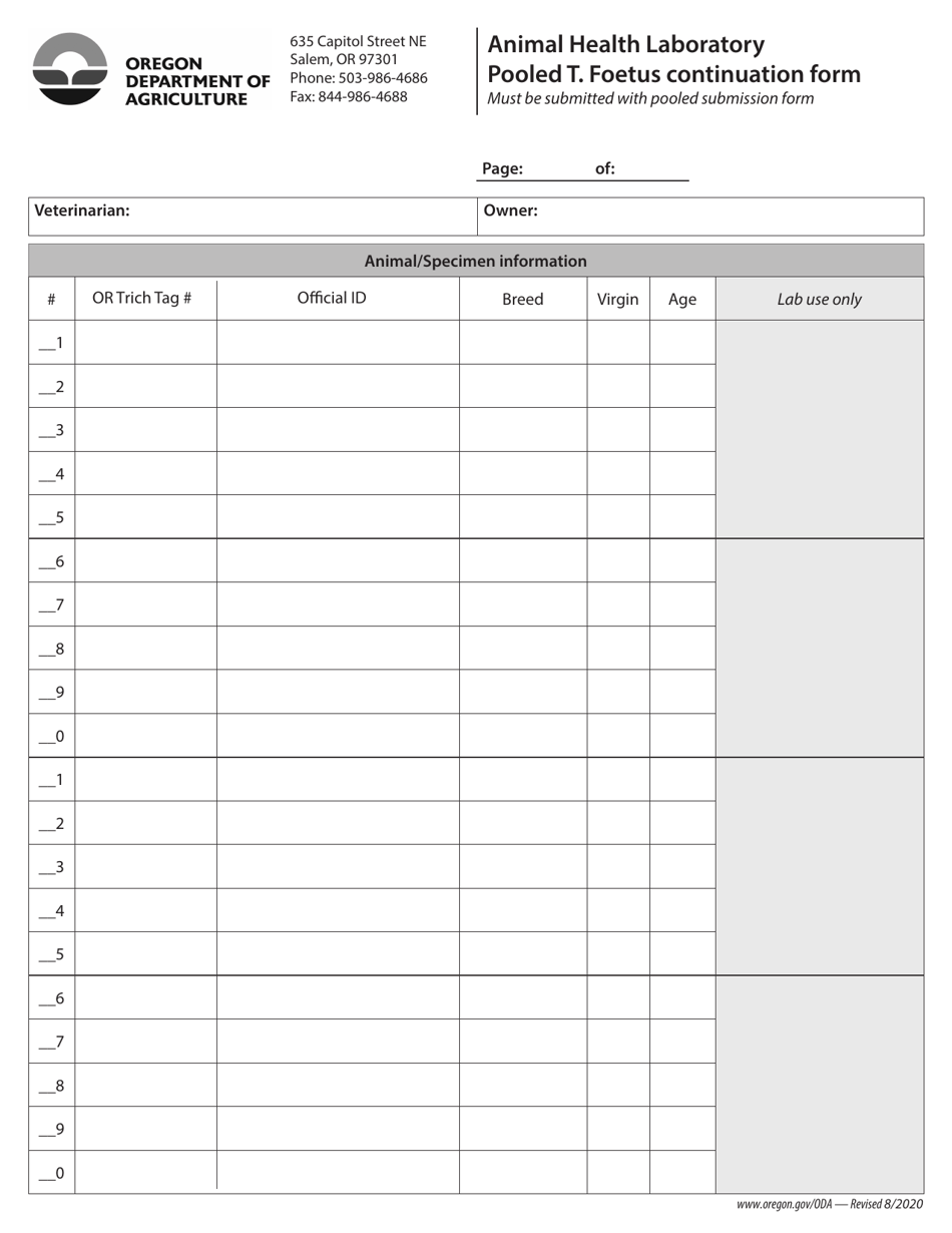 Oregon Animal Health Laboratory Pooled T. Foetus Continuation Form