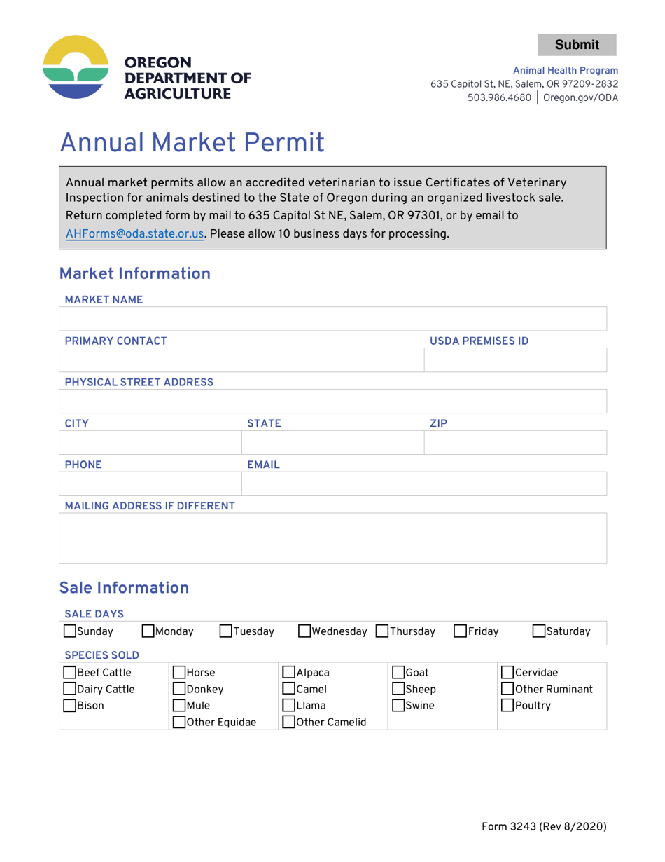 Form 3243 Annual Market Permit - Oregon, Page 1