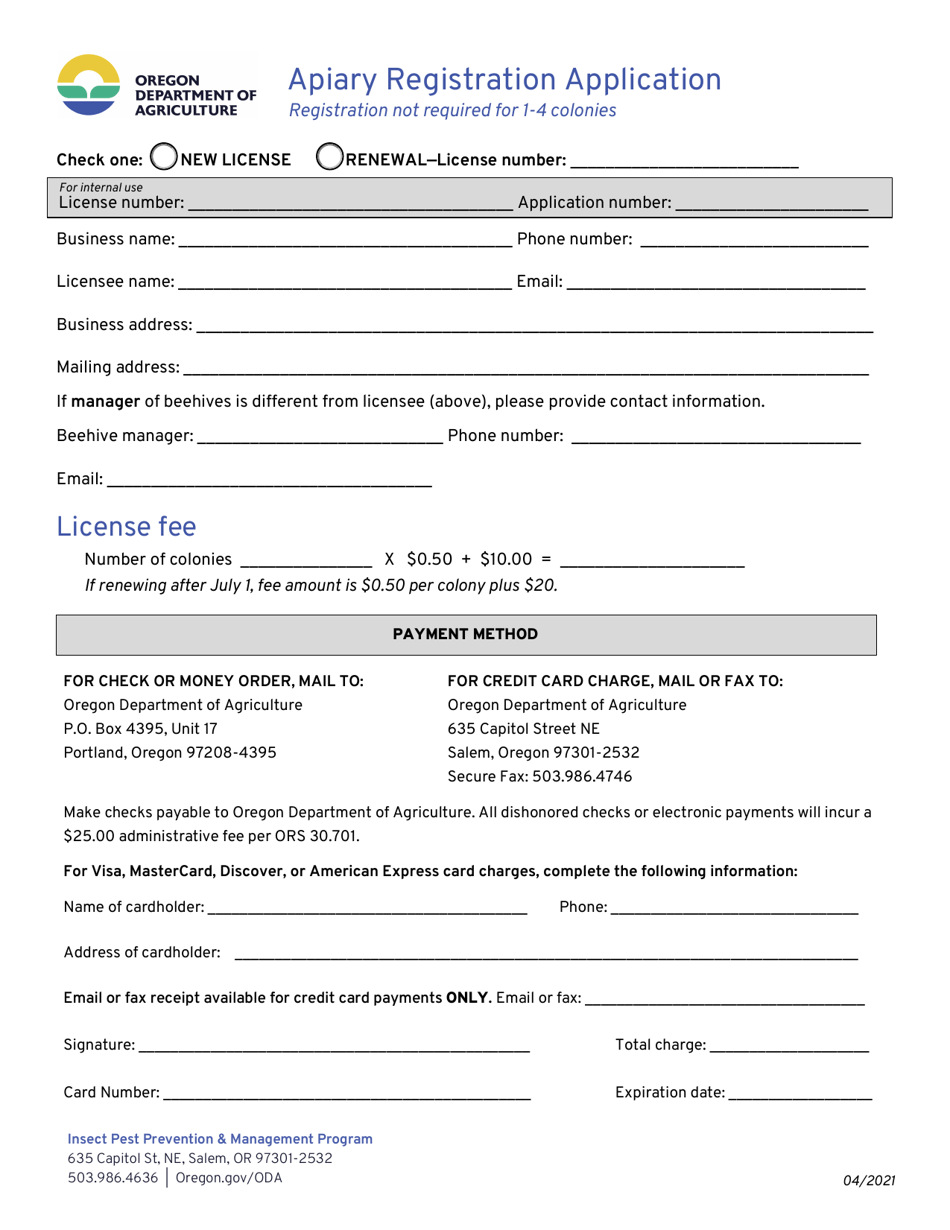 Apiary Registration Application - Oregon, Page 1
