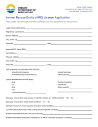 Document preview: Animal Rescue Entity (Are) License Application - Oregon