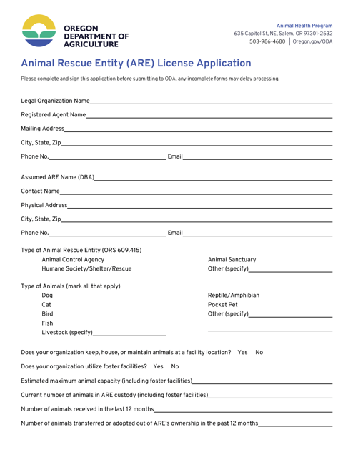 "Animal Rescue Entity (Are) License Application" - Oregon Download Pdf