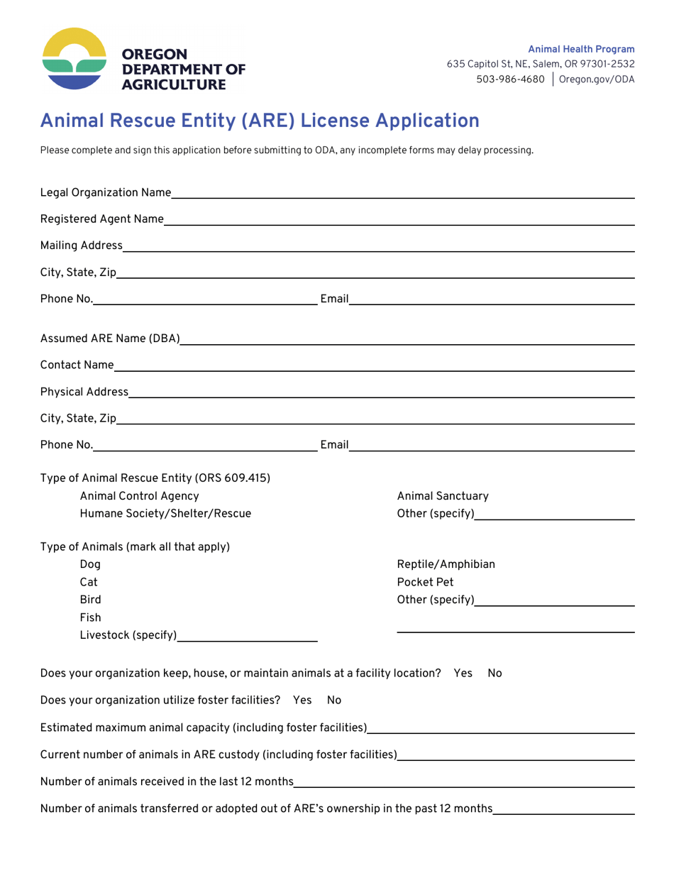 Animal Rescue Entity (Are) License Application - Oregon, Page 1