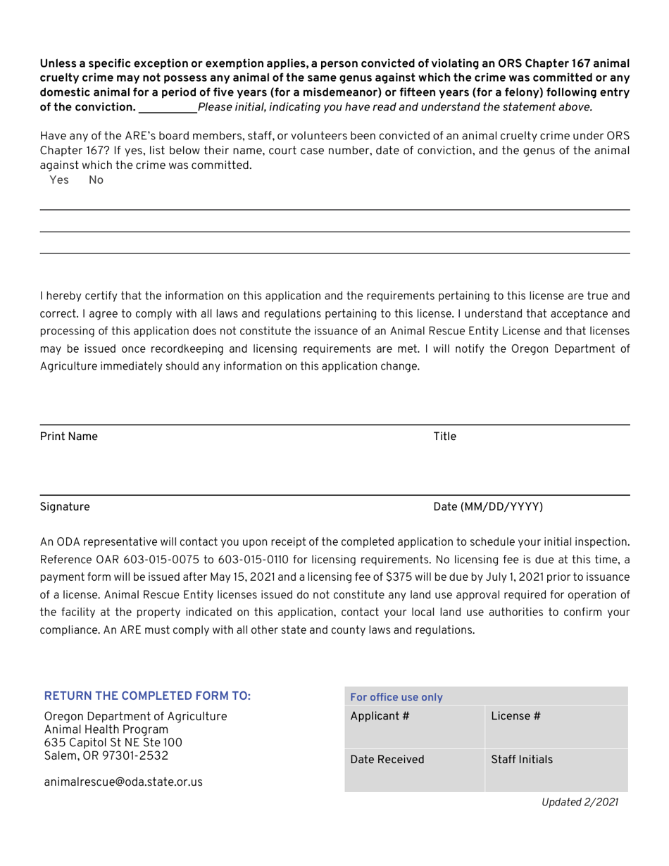 Animal Rescue Entity (Are) License Application - Oregon, Page 2