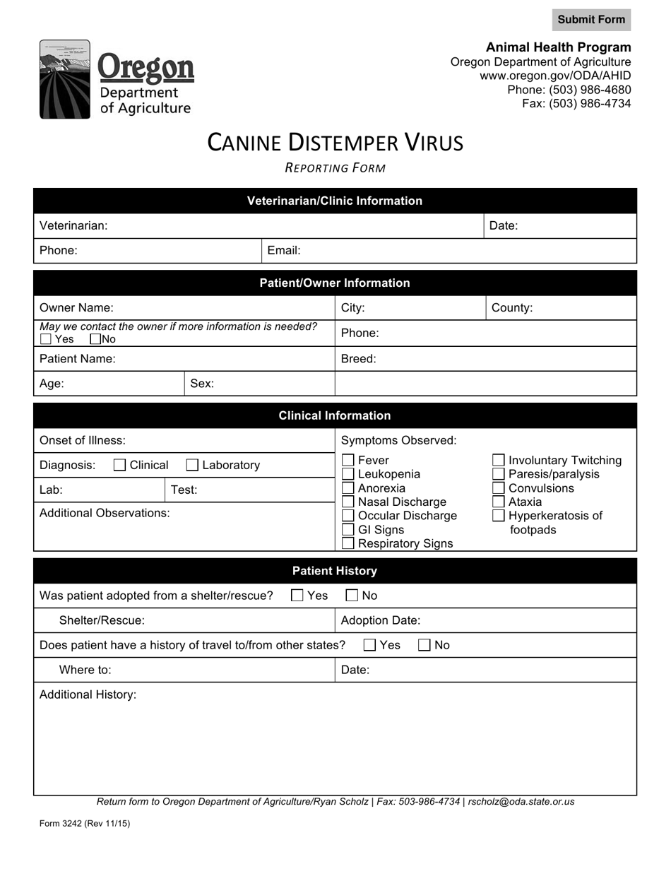 Form 3242 Canine Distemper Virus Reporting Form - Oregon, Page 1