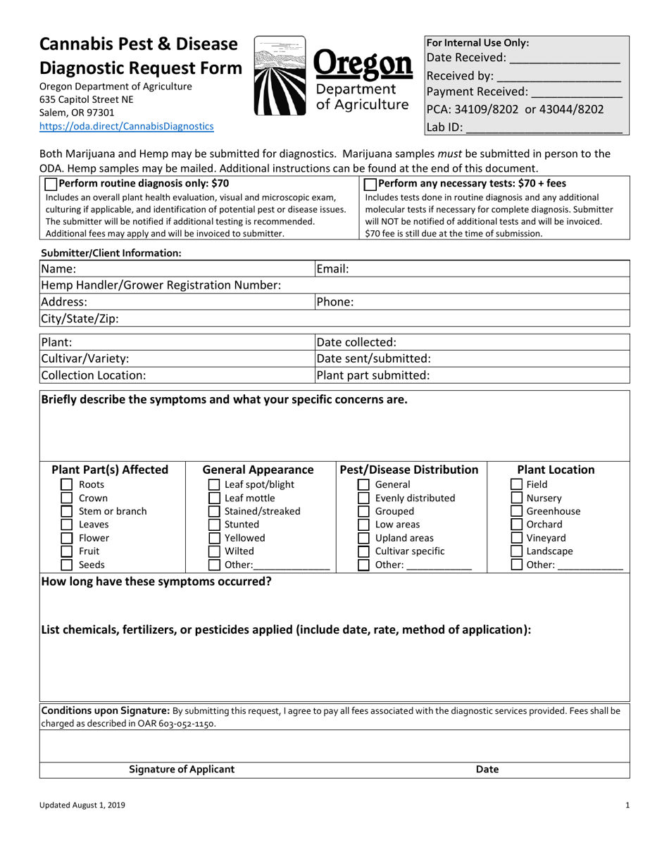 Cannabis Pest  Disease Diagnostic Request Form - Oregon, Page 1