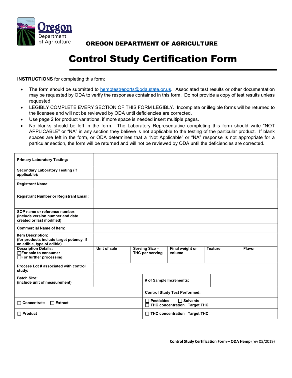 Control Study Certification Form - Oregon, Page 1