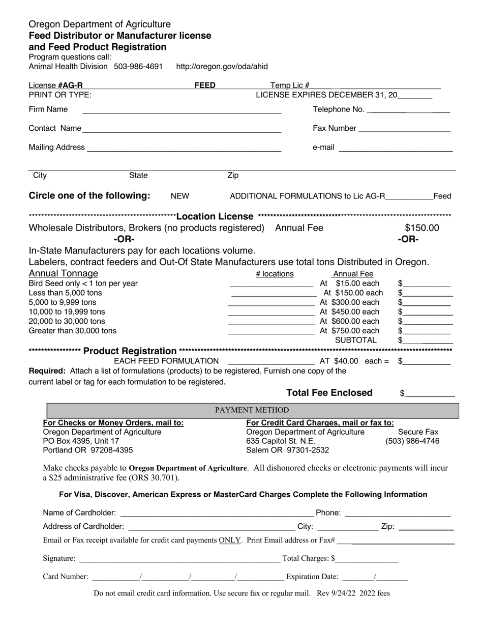 Feed Distributor or Manufacturer License and Feed Product Registration - Oregon, Page 1