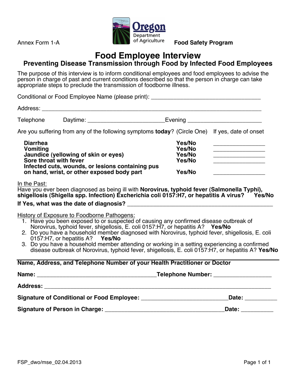 Annex 1-A Food Employee Interview - Food Safety Program - Oregon, Page 1