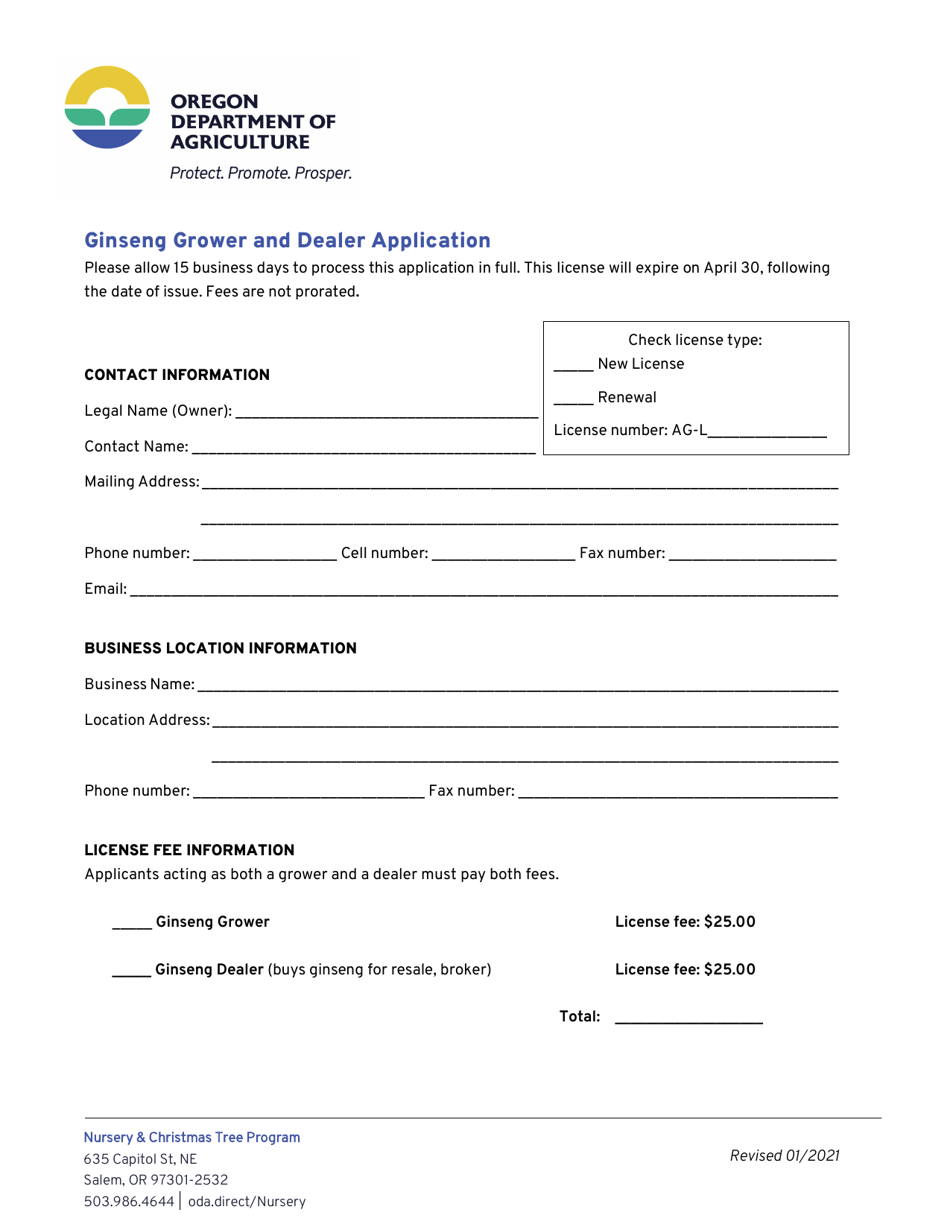 Ginseng Grower and Dealer Application - Oregon, Page 1