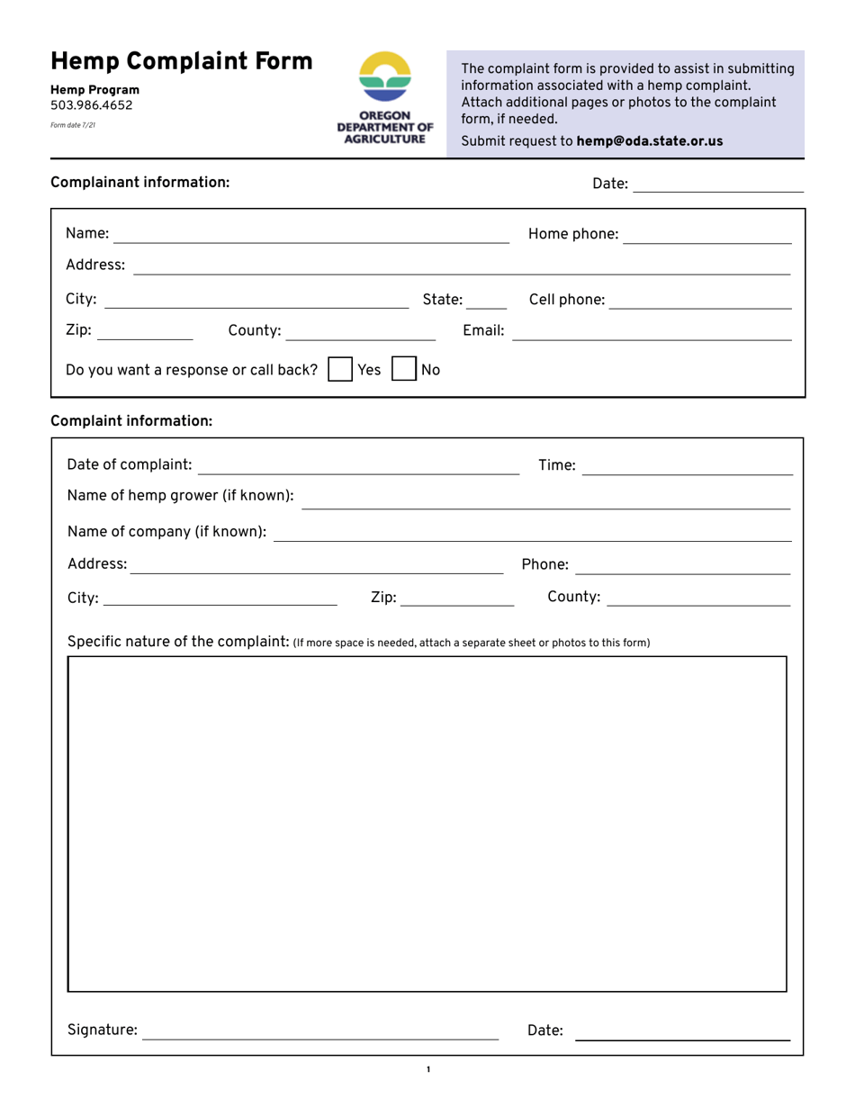 Hemp Complaint Form - Oregon, Page 1