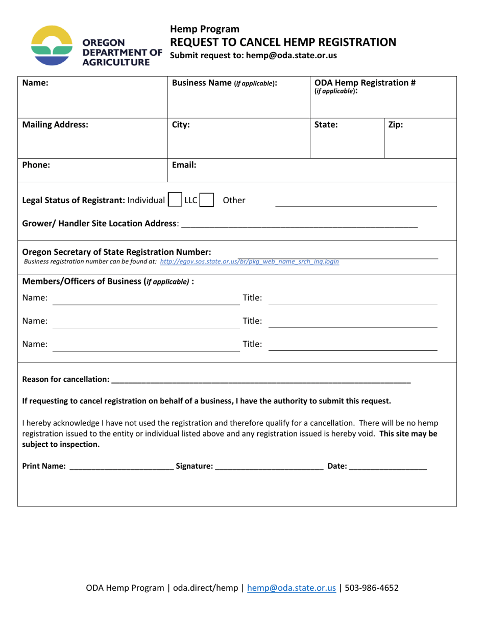 Request to Cancel Hemp Registration - Oregon, Page 1