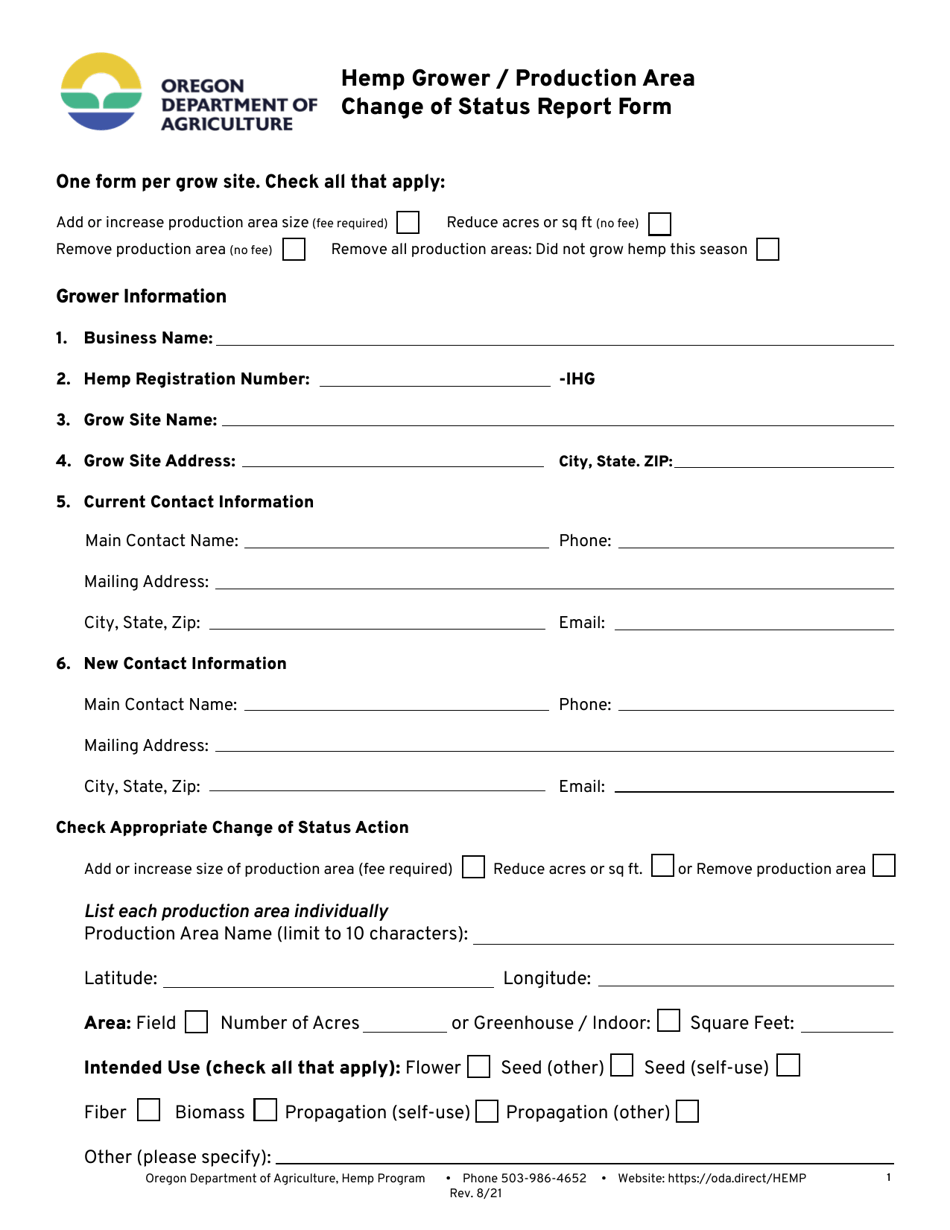 Hemp Grower / Production Area Change of Status Report Form - Oregon, Page 1