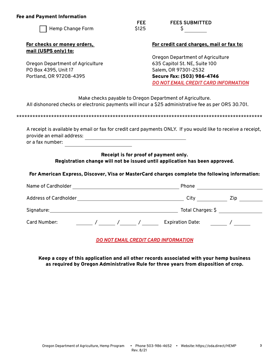 Hemp Grower / Production Area Change of Status Report Form - Oregon, Page 3
