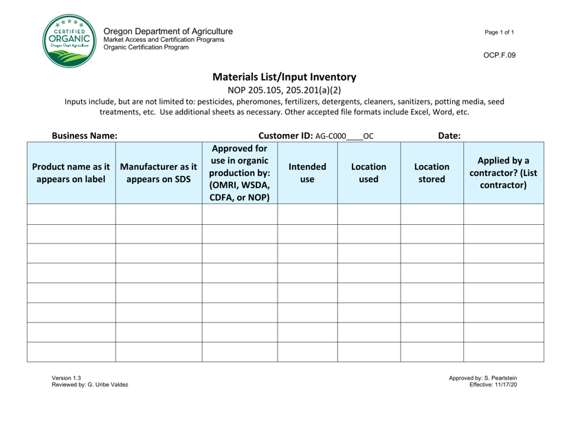 Form OCP.F.09 Materials List/Input Inventory - Oregon