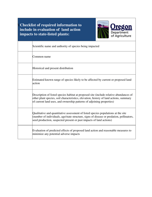 Checklist of Required Information to Include in Evaluation of Land Action Impacts to State-Listed Plants - Oregon