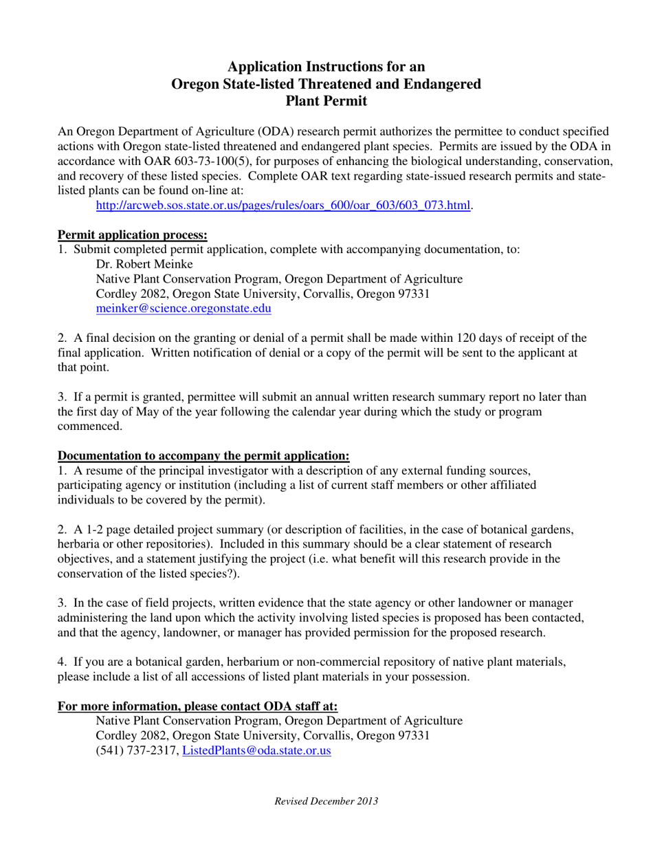 State-Listed Threatened and Endangered Plant Permit Application - Oregon, Page 1