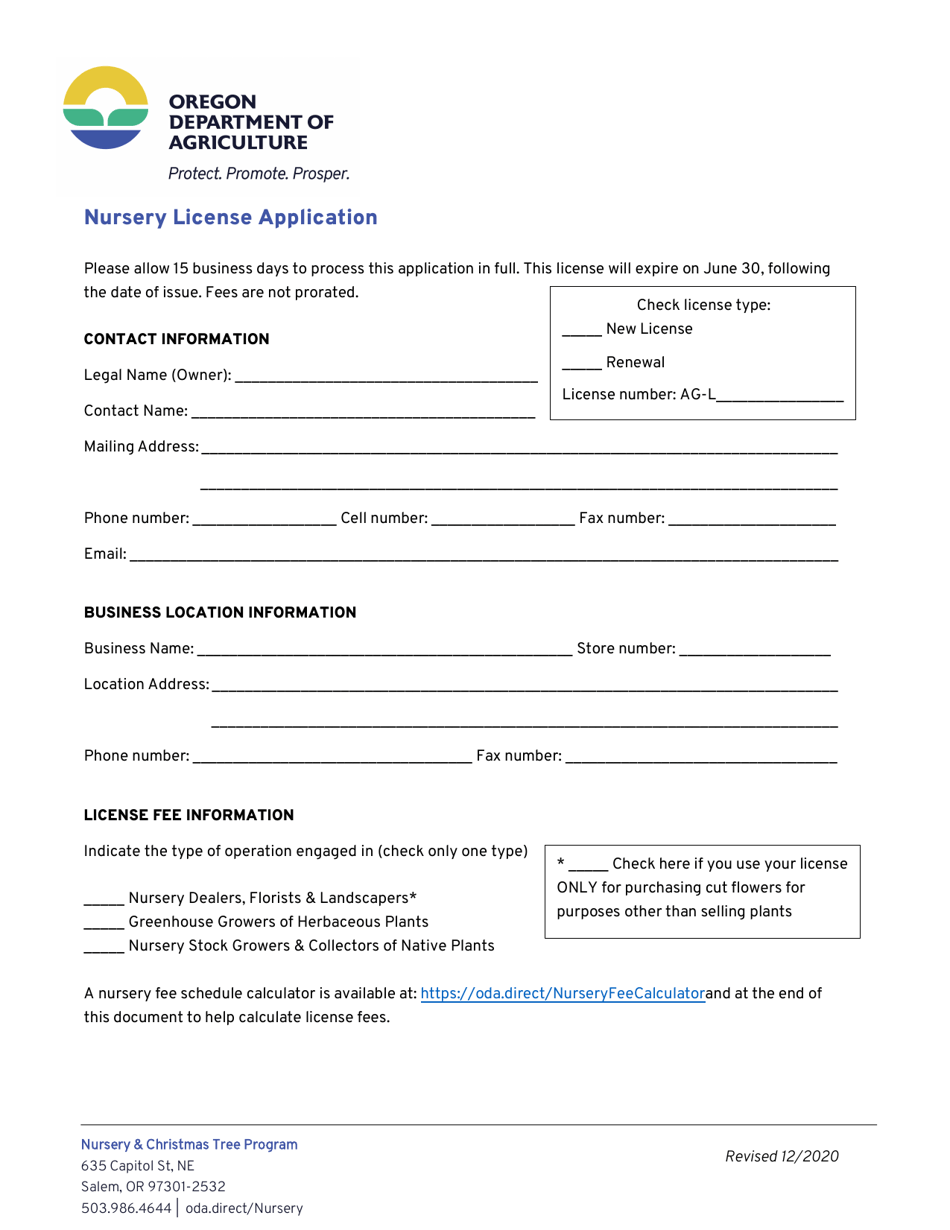 Nursery License Application - Oregon, Page 1