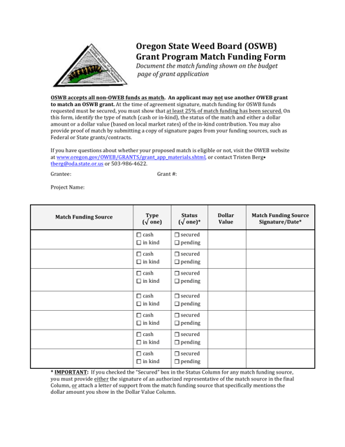 Match Funding Form - Oregon State Weed Board (Oswb) Grant Program - Oregon Download Pdf
