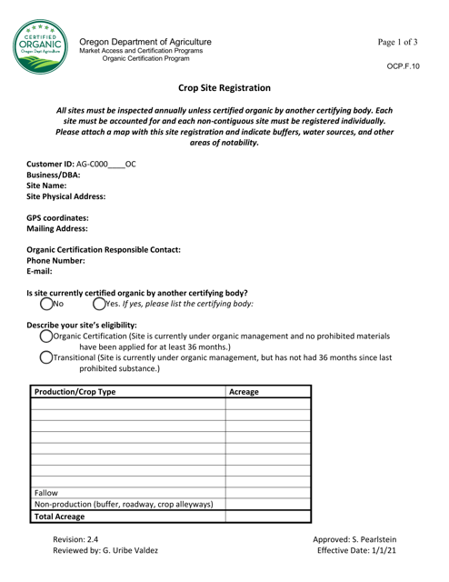 Form OCP.F.10 Crop Site Registration - Oregon