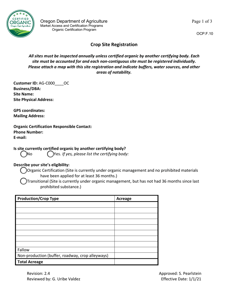 Form OCP.F.10 Crop Site Registration - Oregon, Page 1