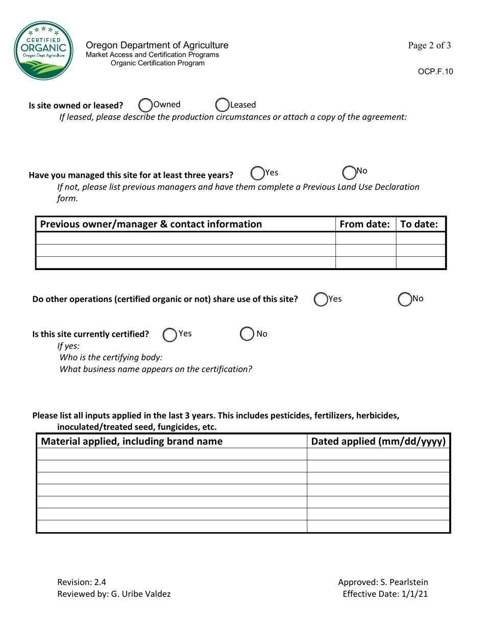Form OCP.F.10 Crop Site Registration - Oregon, Page 2