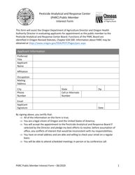 Pesticide Analytical and Response Center (Parc) Public Member Interest Form - Oregon