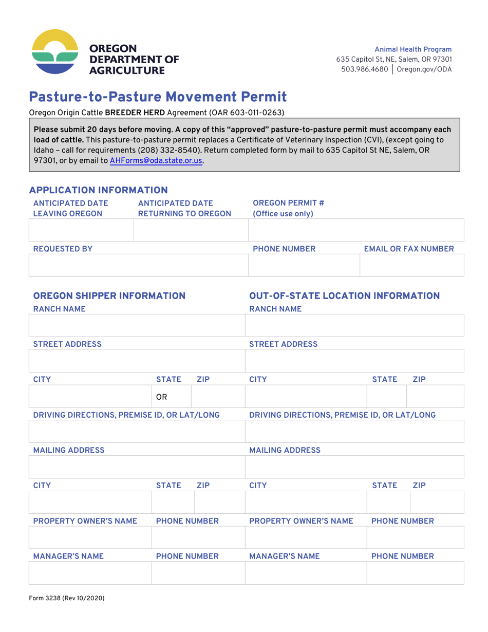 Form 3238 Pasture-To-Pasture Movement Permit - Oregon, Page 1