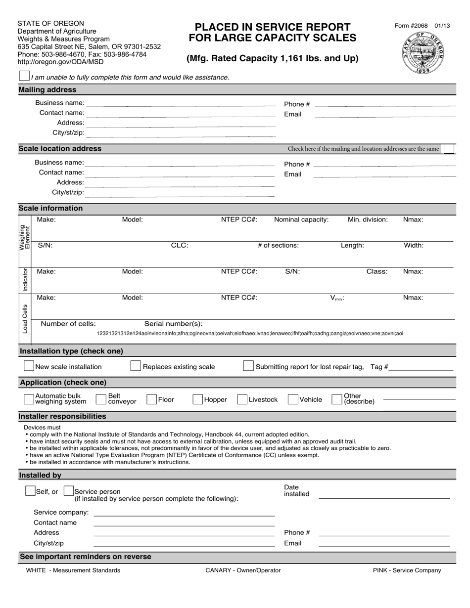 Form 2068 Placed in Service Report for Large Capacity Scales (Mfg. Rated Capacity 1,161 Lbs. and up) - Oregon, Page 1