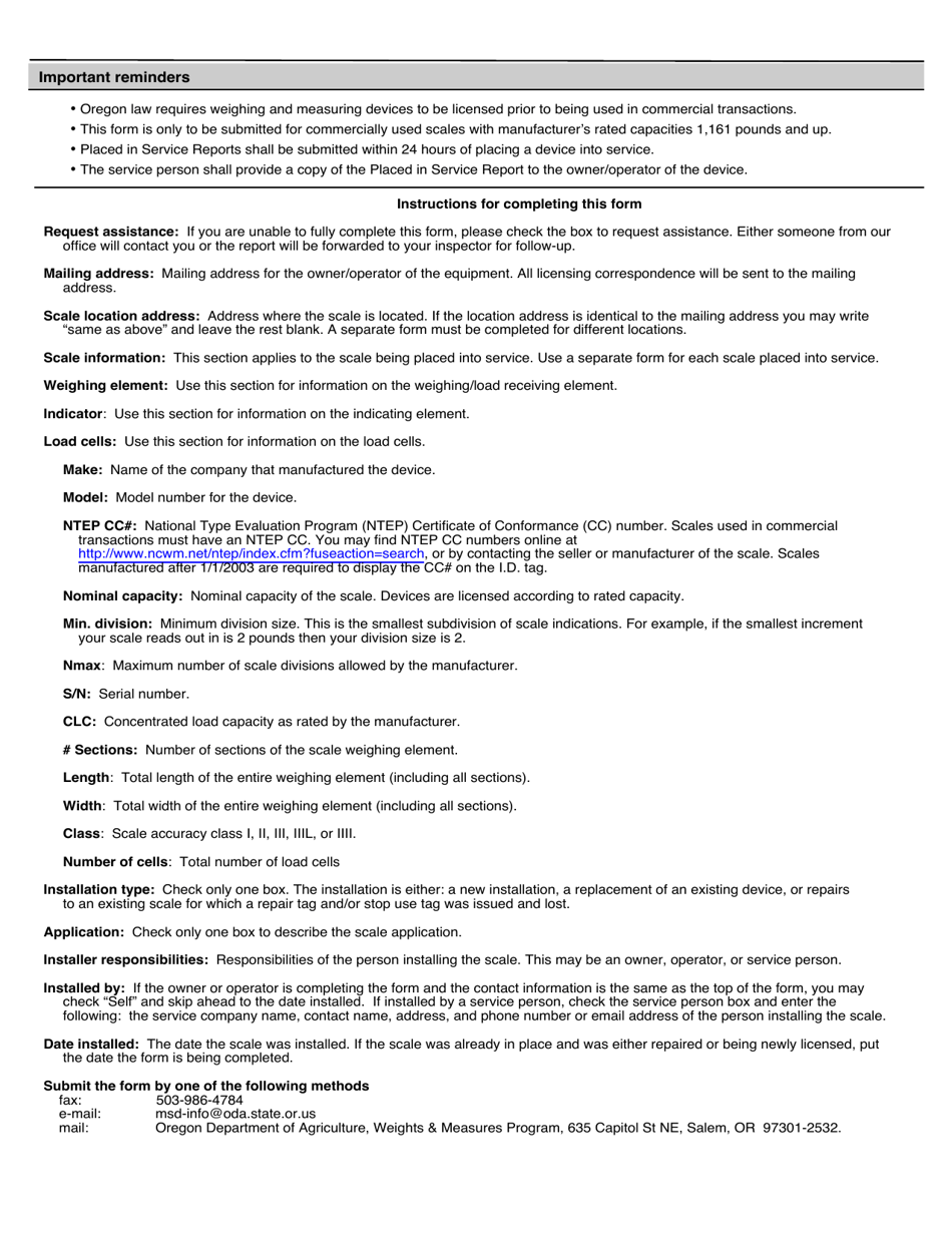 Form 2068 Placed in Service Report for Large Capacity Scales (Mfg. Rated Capacity 1,161 Lbs. and up) - Oregon, Page 2