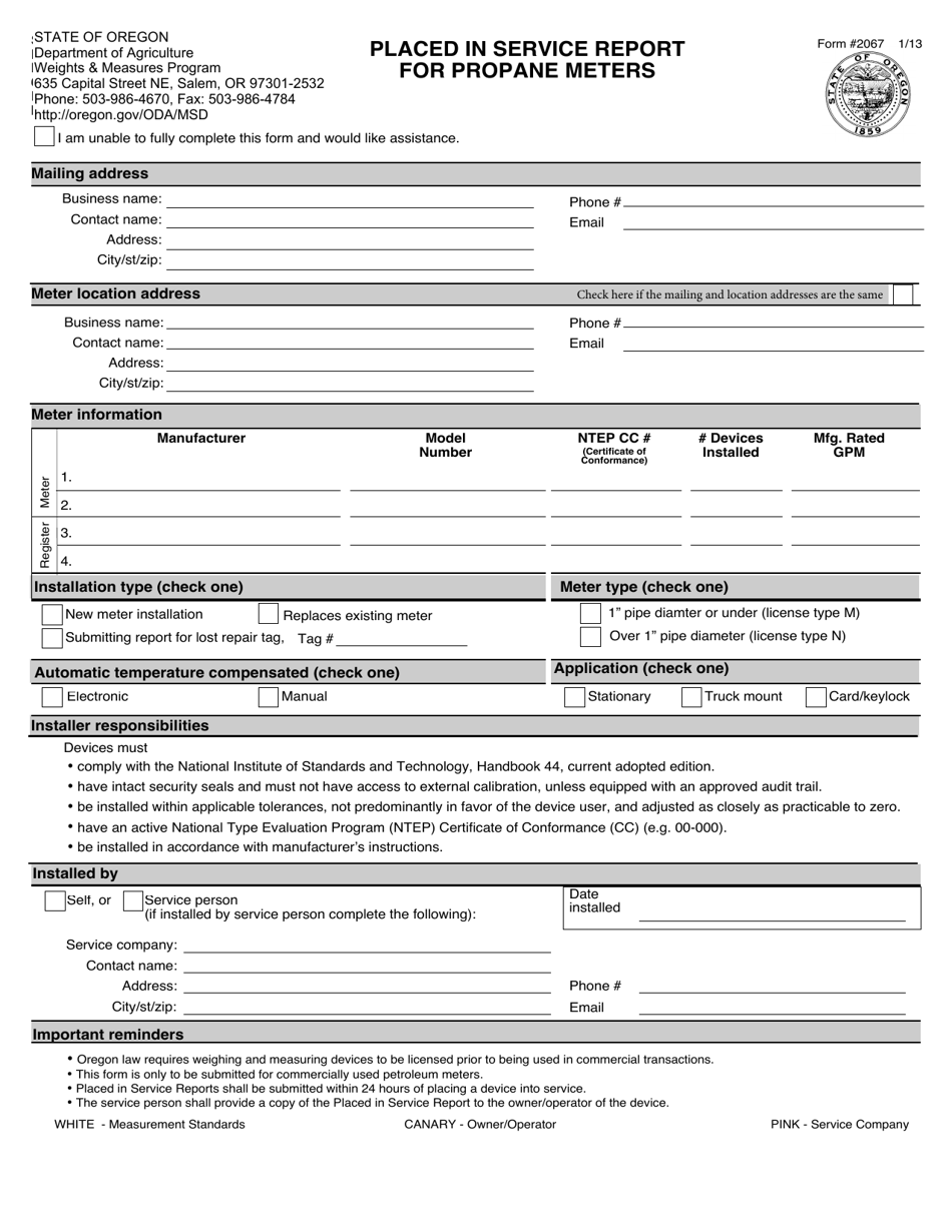 Form 2067 Placed in Service Report for Propane Meters - Oregon, Page 1