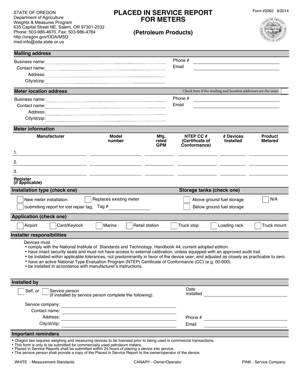 Form 2062 Placed in Service Report for Meters (Petroleum Products) - Oregon, Page 1