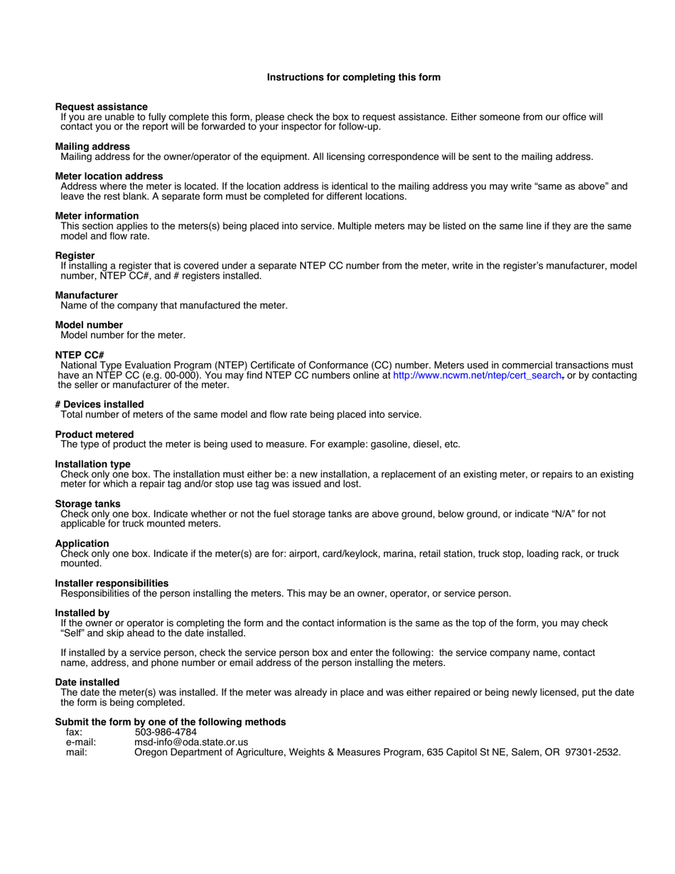 Form 2062 Placed in Service Report for Meters (Petroleum Products) - Oregon, Page 2