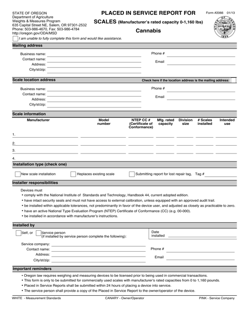 Form 2066 Placed in Service Report for Scales (Manufacturer's Rated Capacity 0-1,160 Lbs) - Cannabis - Oregon