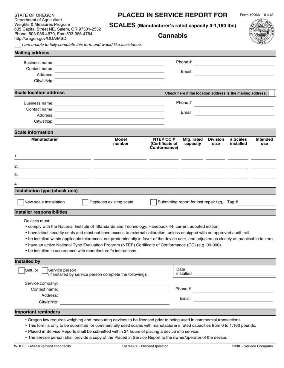 Form 2066 Placed in Service Report for Scales (Manufacturers Rated Capacity 0-1,160 Lbs) - Cannabis - Oregon, Page 1