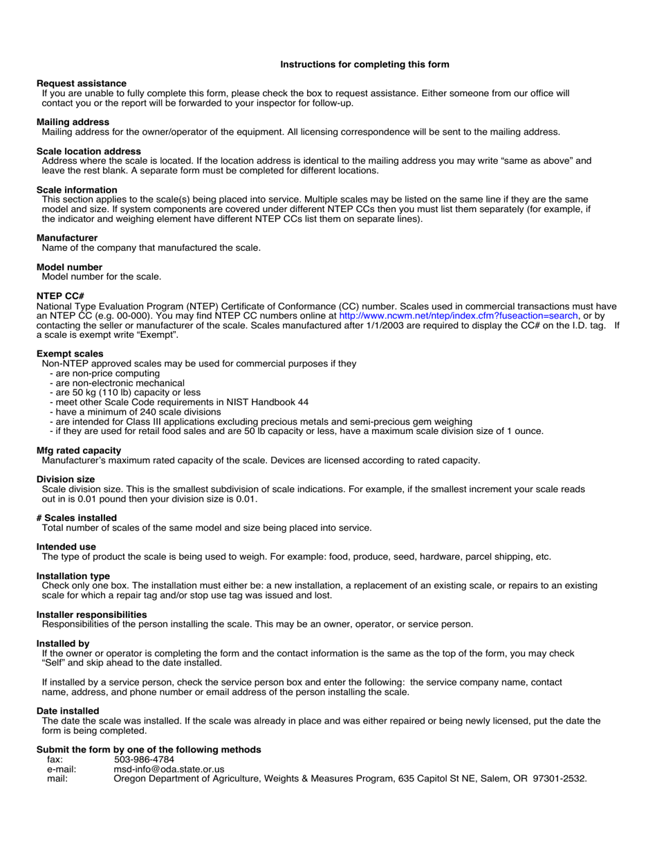 Form 2066 Placed in Service Report for Scales (Manufacturers Rated Capacity 0-1,160 Lbs) - Cannabis - Oregon, Page 2