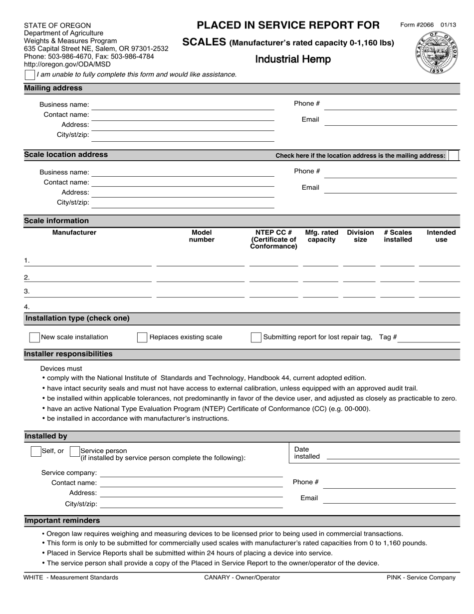 Form 2066 Placed in Service Report for Scales (Manufacturers Rated Capacity 0-1,160 Lbs) - Industrial Hemp - Oregon, Page 1