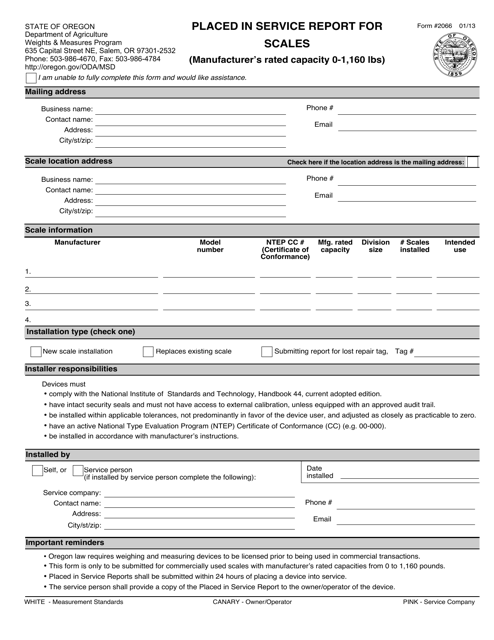 Form 2066 Placed in Service Report for Scales (Manufacturer's Rated Capacity 0-1,160 Lbs) - Oregon