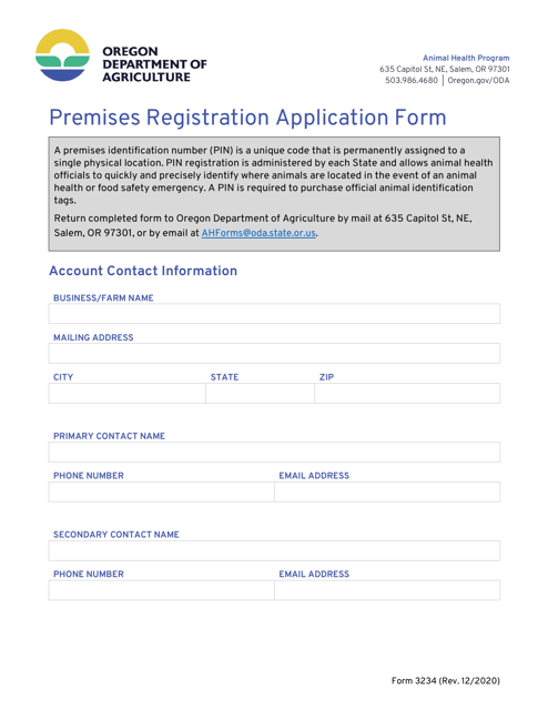 Form 3234 Premises Registration Application Form - Oregon