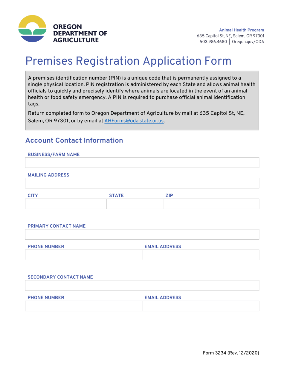 Form 3234 Premises Registration Application Form - Oregon, Page 1