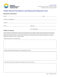 Public Record Fee Waiver and Reduction Request Form - Oregon