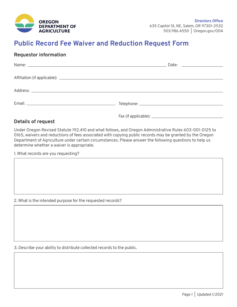 Public Record Fee Waiver and Reduction Request Form - Oregon, Page 1