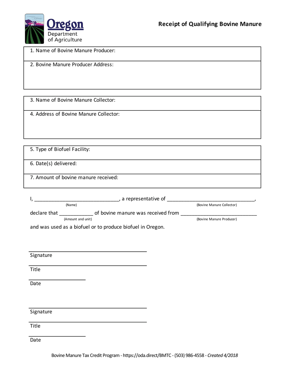 Receipt of Qualifying Bovine Manure - Oregon, Page 1