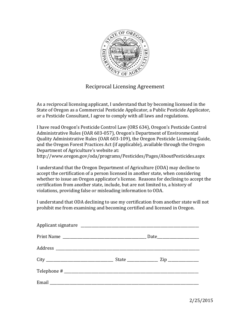 Reciprocal Licensing Agreement - Oregon, Page 1